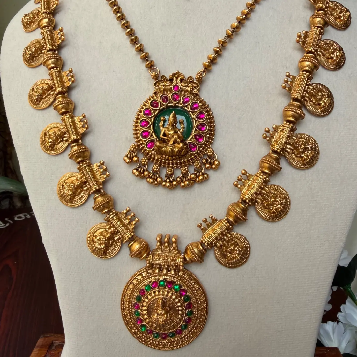 Kasu & Pearl Temple Complete 4-in-1 Bridal Neckwear Combo Set (Moti Choker, Short Kasu Necklace, Lakshmi Pendant Chain & Grand Long Kasu Haram) SJC002