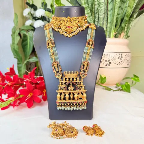 Royal Temple Nakshi Bridal Combo Set | Antique Gold Choker, Long Haram & Jhumkas SJC003