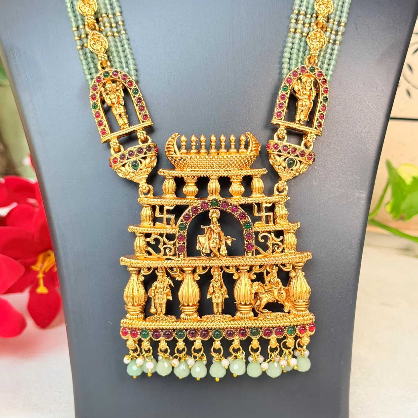 Royal Temple Nakshi Bridal Combo Set | Antique Gold Choker, Long Haram & Jhumkas SJC003