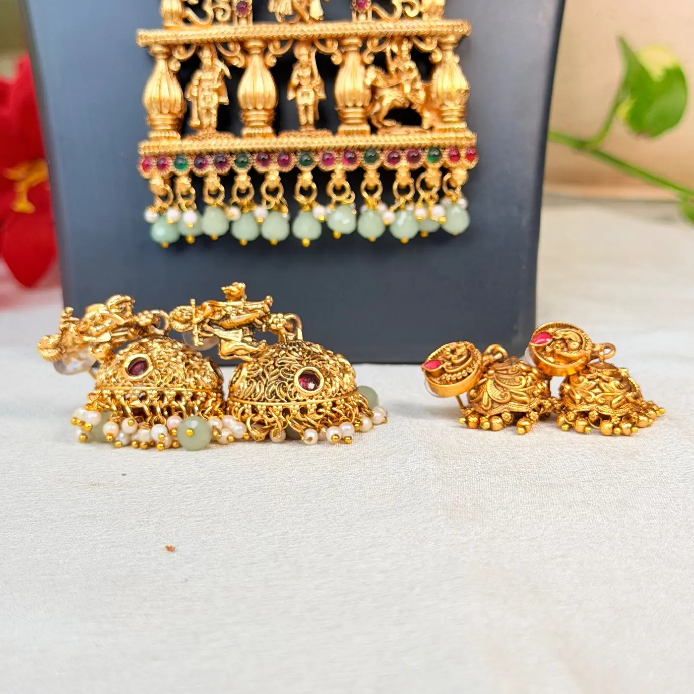 Royal Temple Nakshi Bridal Combo Set | Antique Gold Choker, Long Haram & Jhumkas SJC003