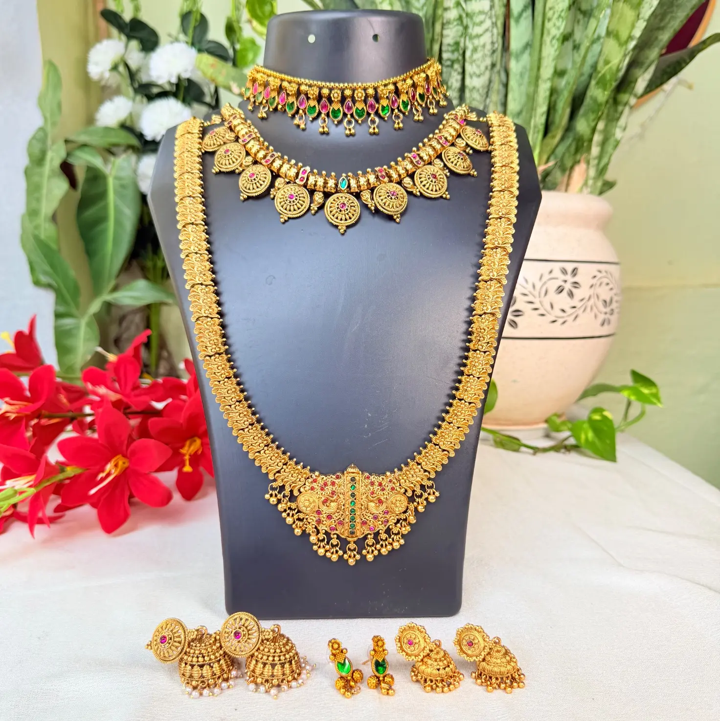 Royal South Indian Temple Jewelry Combo Set | Antique Gold Choker, Coin Necklace, Long Haram & Earrings SJC004