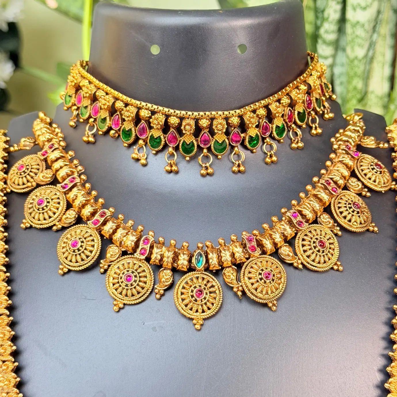 Royal South Indian Temple Jewelry Combo Set | Antique Gold Choker, Coin Necklace, Long Haram & Earrings SJC004