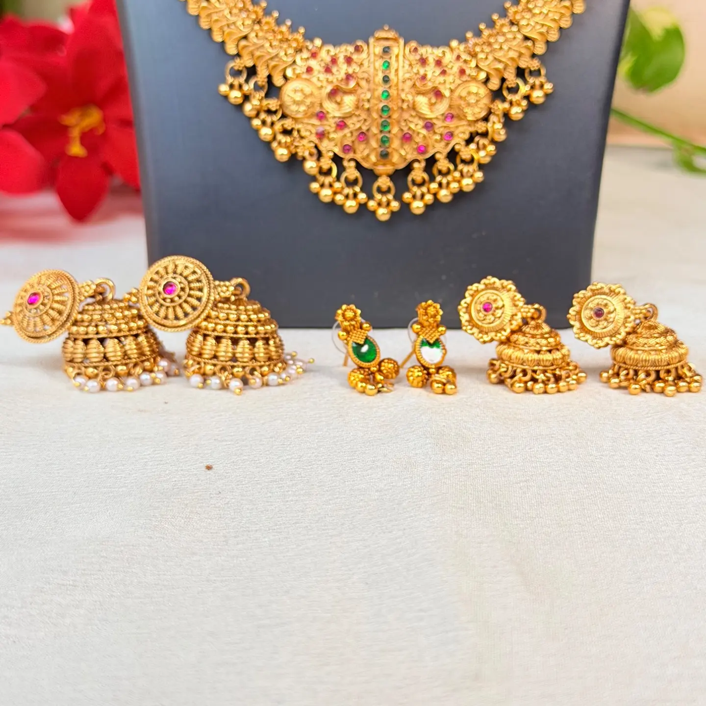 Royal South Indian Temple Jewelry Combo Set | Antique Gold Choker, Coin Necklace, Long Haram & Earrings SJC004