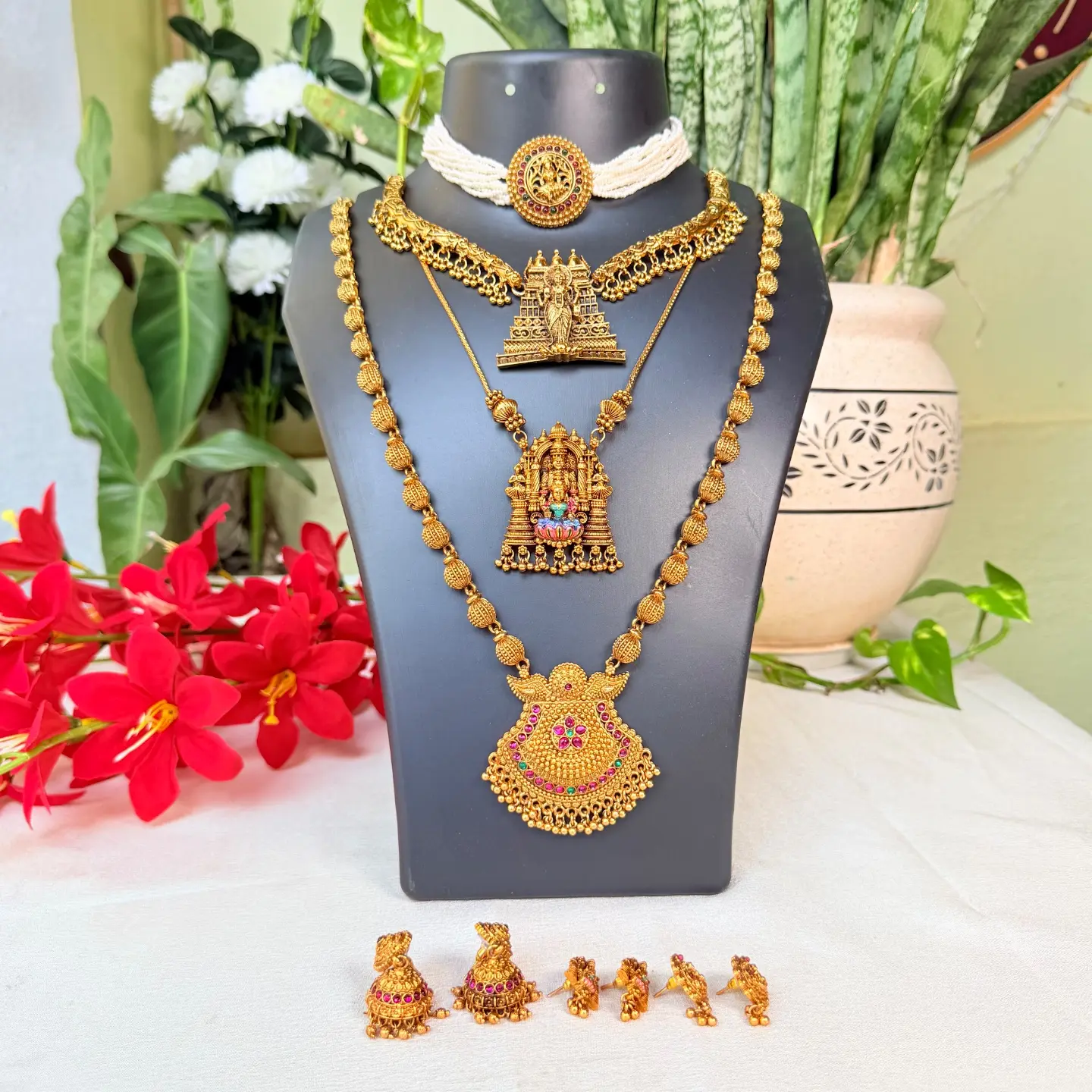 Royal 4-Tier South Indian Temple Jewelry Combo Set | Pearl Choker, Gopuram Necklaces, Long Haram & Earrings SJC005
