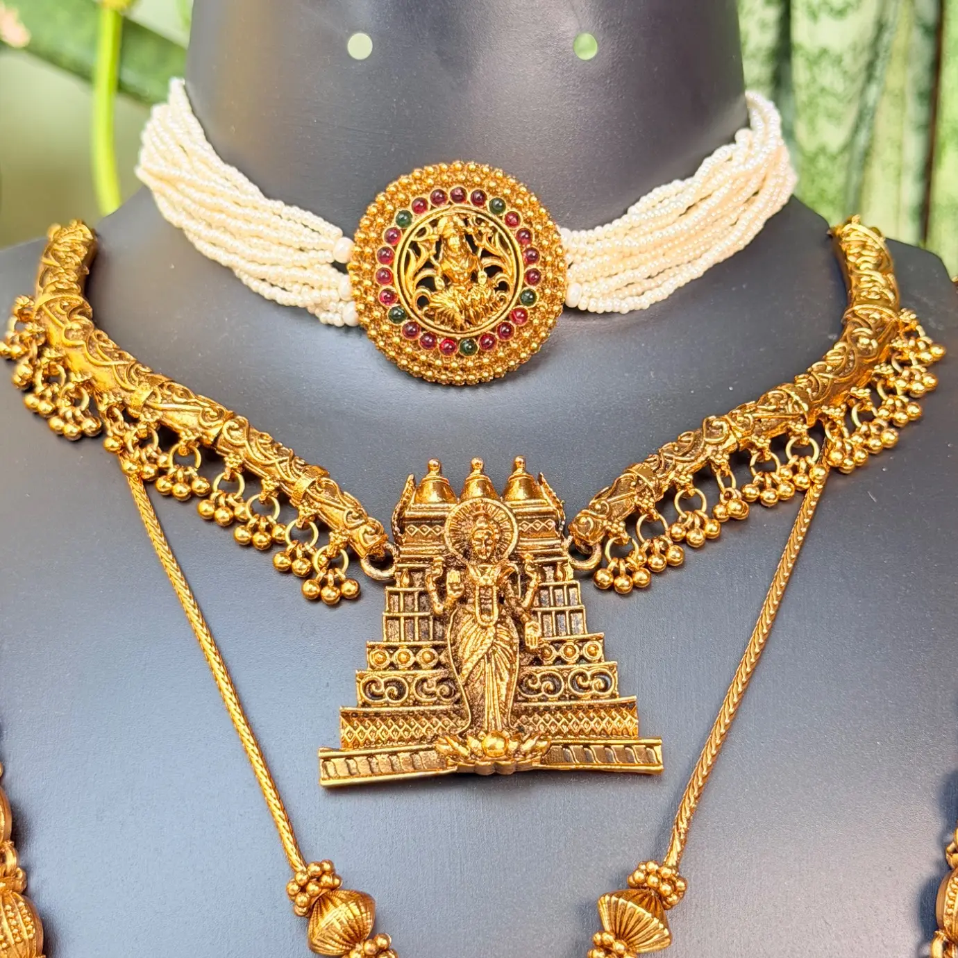 Royal 4-Tier South Indian Temple Jewelry Combo Set | Pearl Choker, Gopuram Necklaces, Long Haram & Earrings SJC005