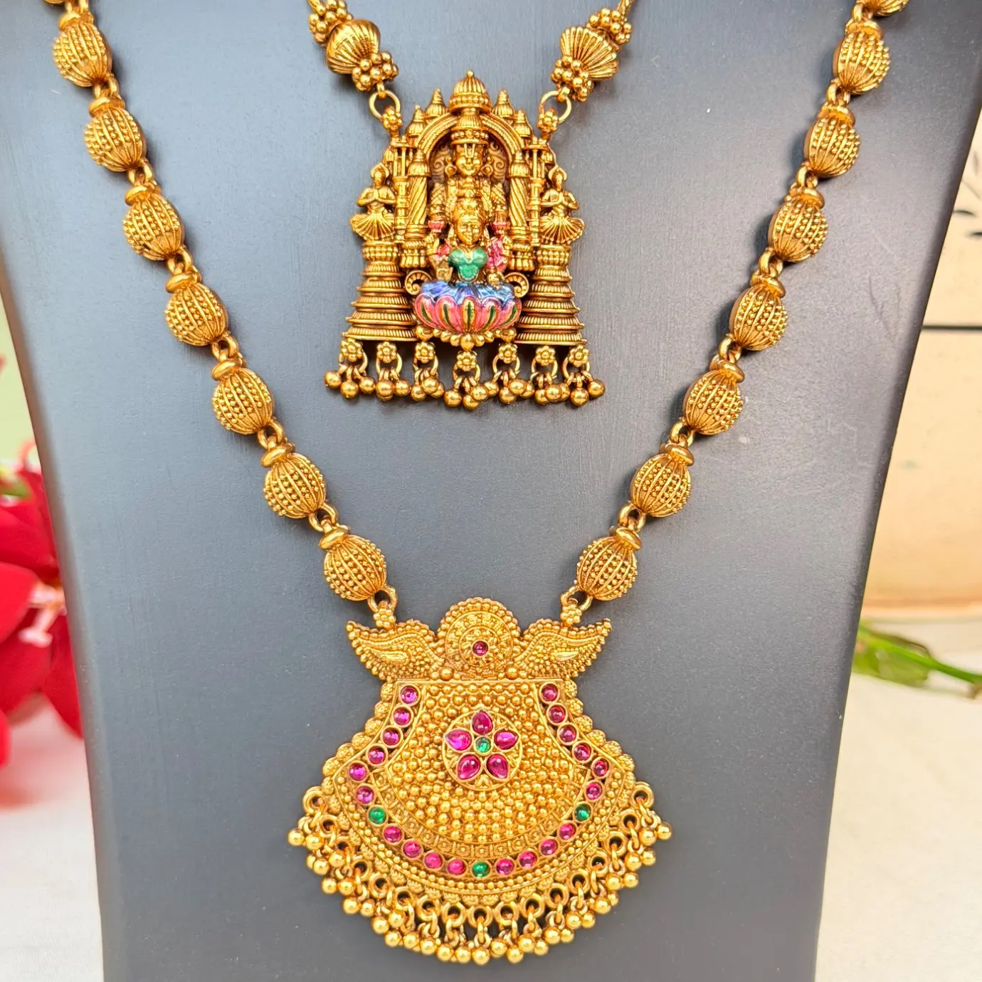 Royal 4-Tier South Indian Temple Jewelry Combo Set | Pearl Choker, Gopuram Necklaces, Long Haram & Earrings SJC005