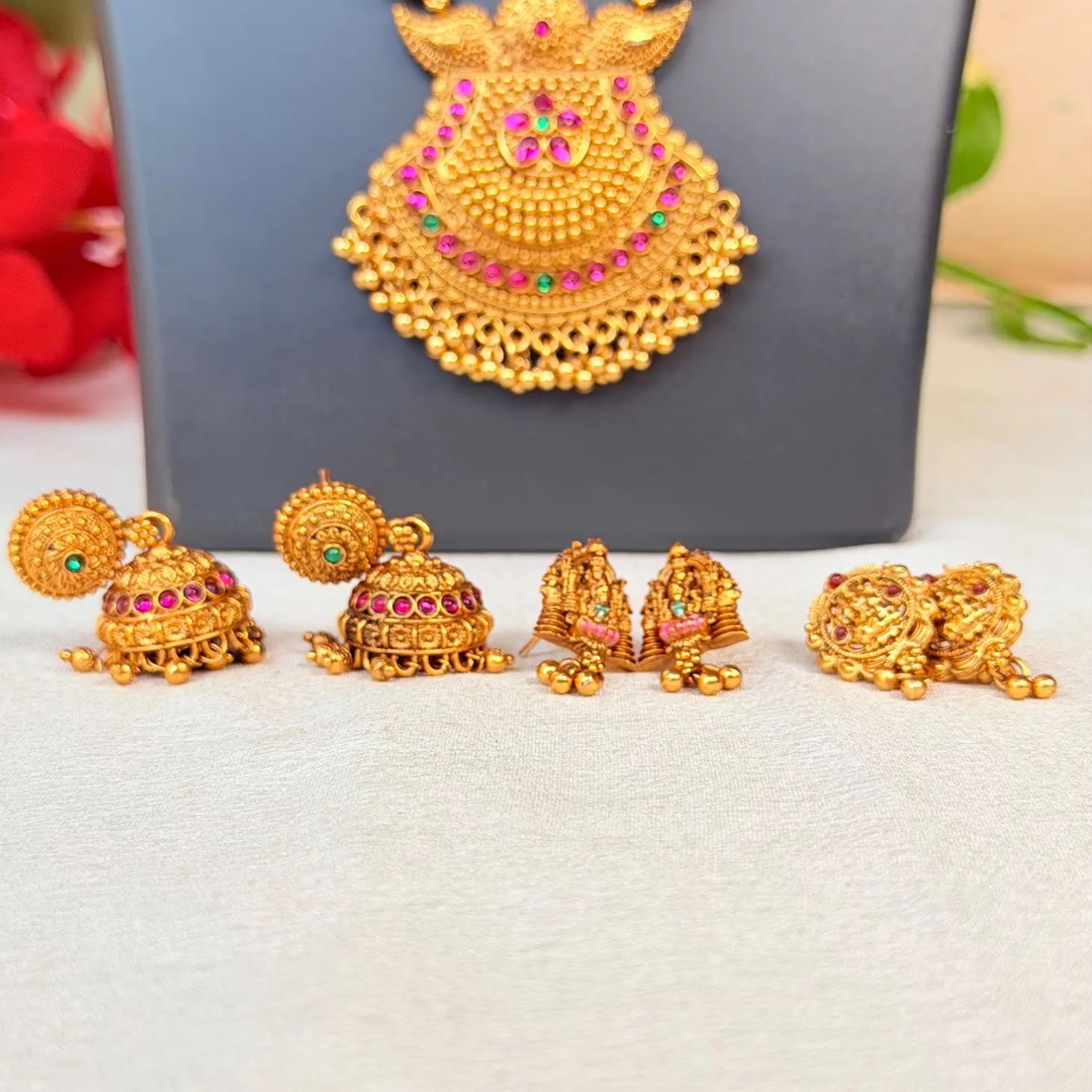 Royal 4-Tier South Indian Temple Jewelry Combo Set | Pearl Choker, Gopuram Necklaces, Long Haram & Earrings SJC005