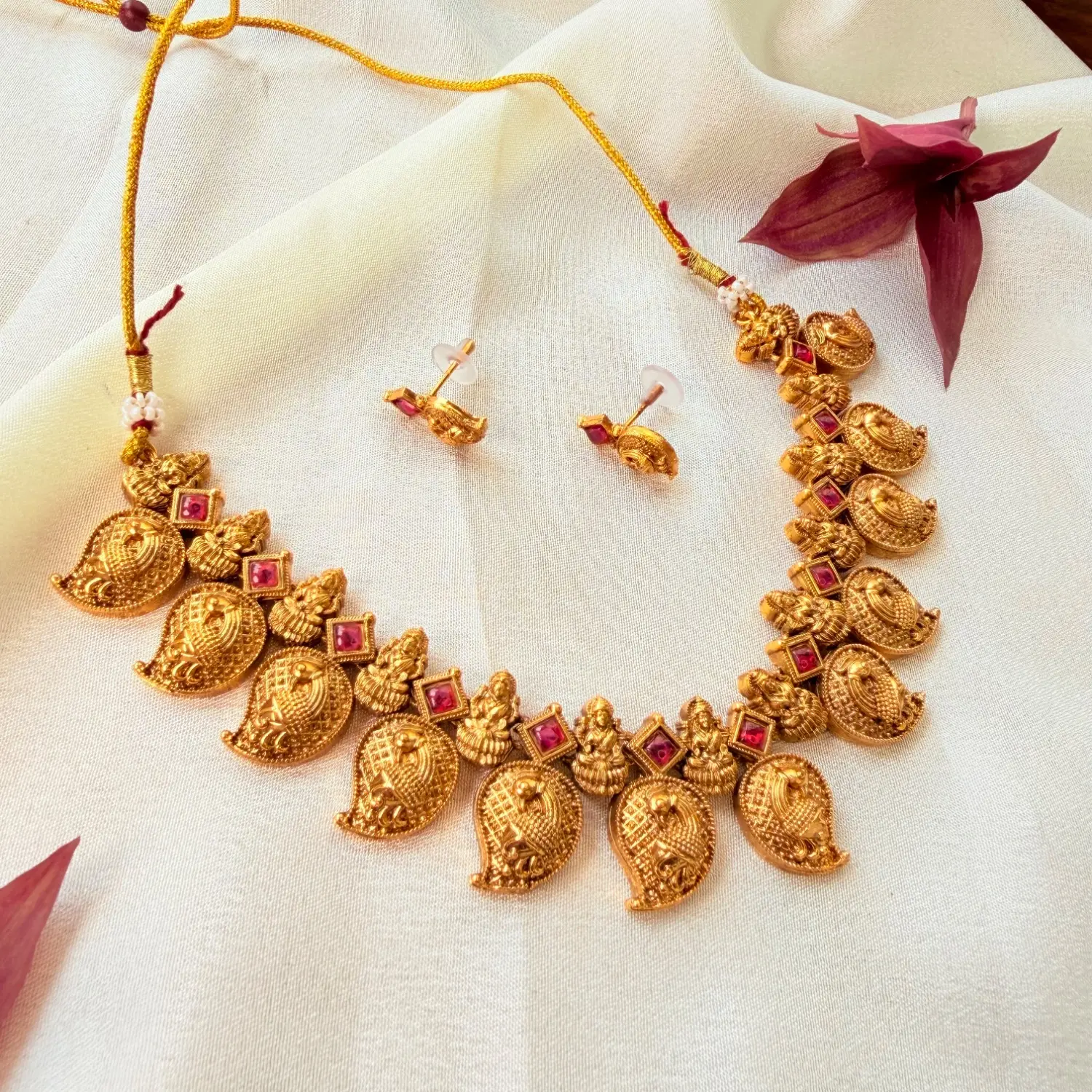 Peacock and Goddess Lakshmi Antique Gold Necklace Set