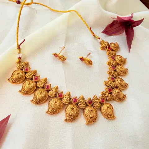 Peacock and Goddess Lakshmi Antique Gold Necklace Set
