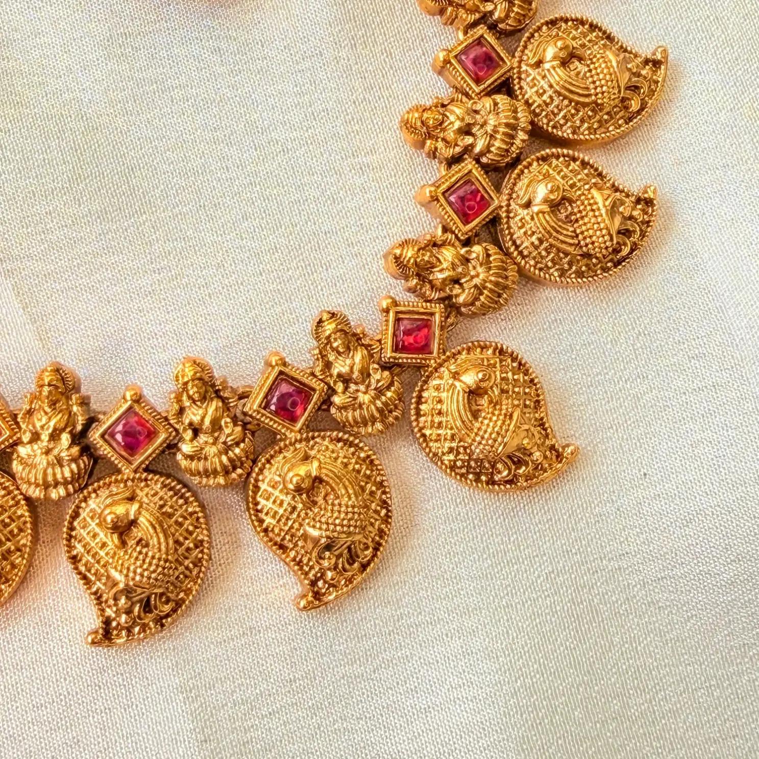 Peacock and Goddess Lakshmi Antique Gold Necklace Set