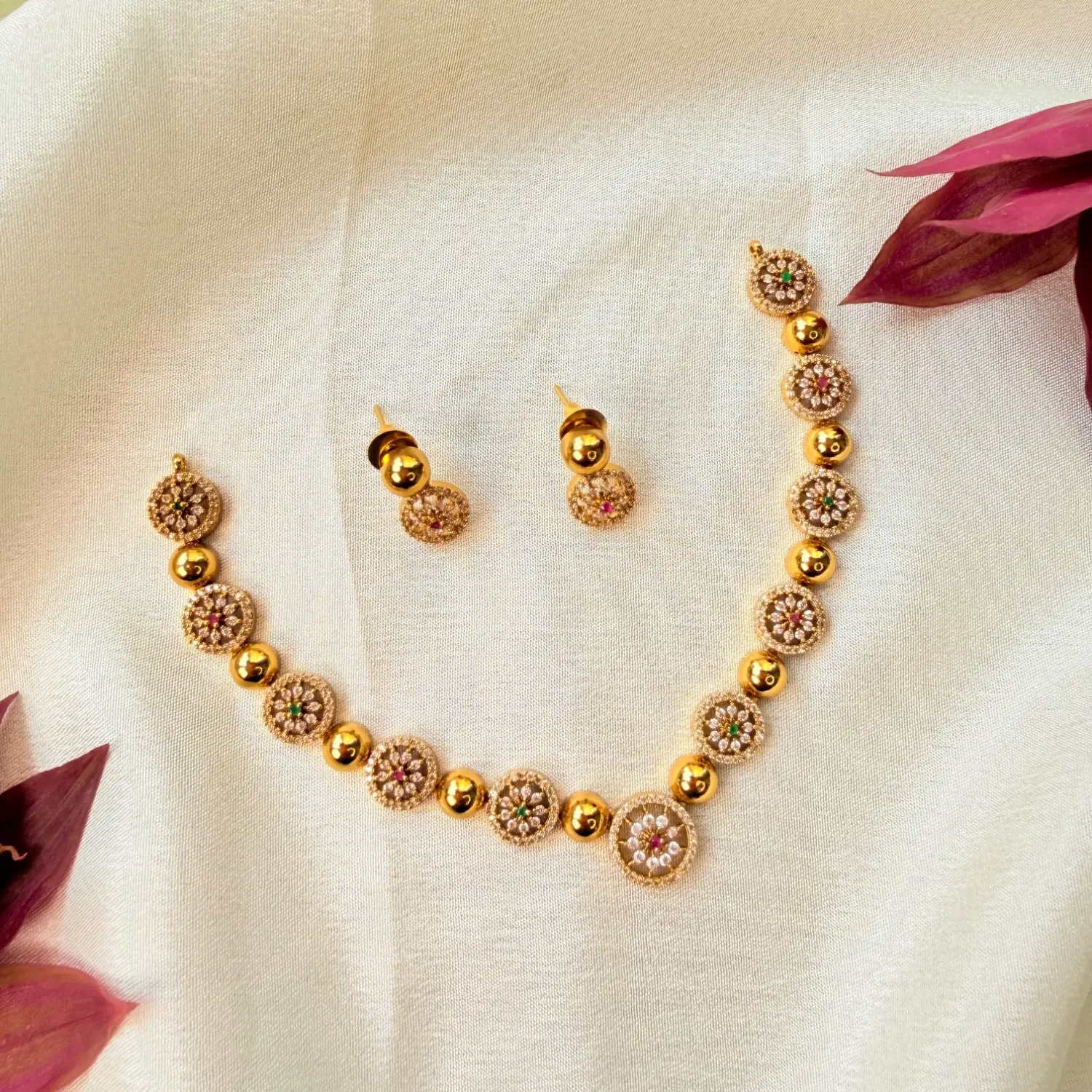 American Diamond Floral Cluster Antique Gold Necklace Set