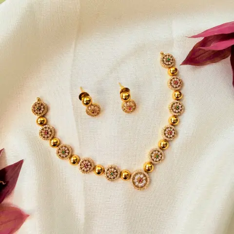American Diamond Floral Cluster Antique Gold Necklace Set