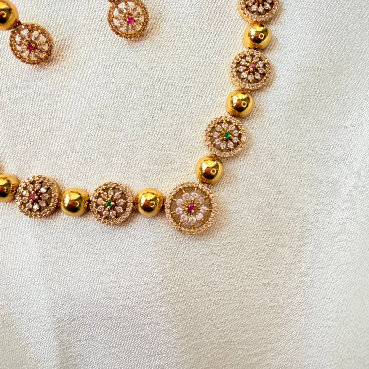 American Diamond Floral Cluster Antique Gold Necklace Set