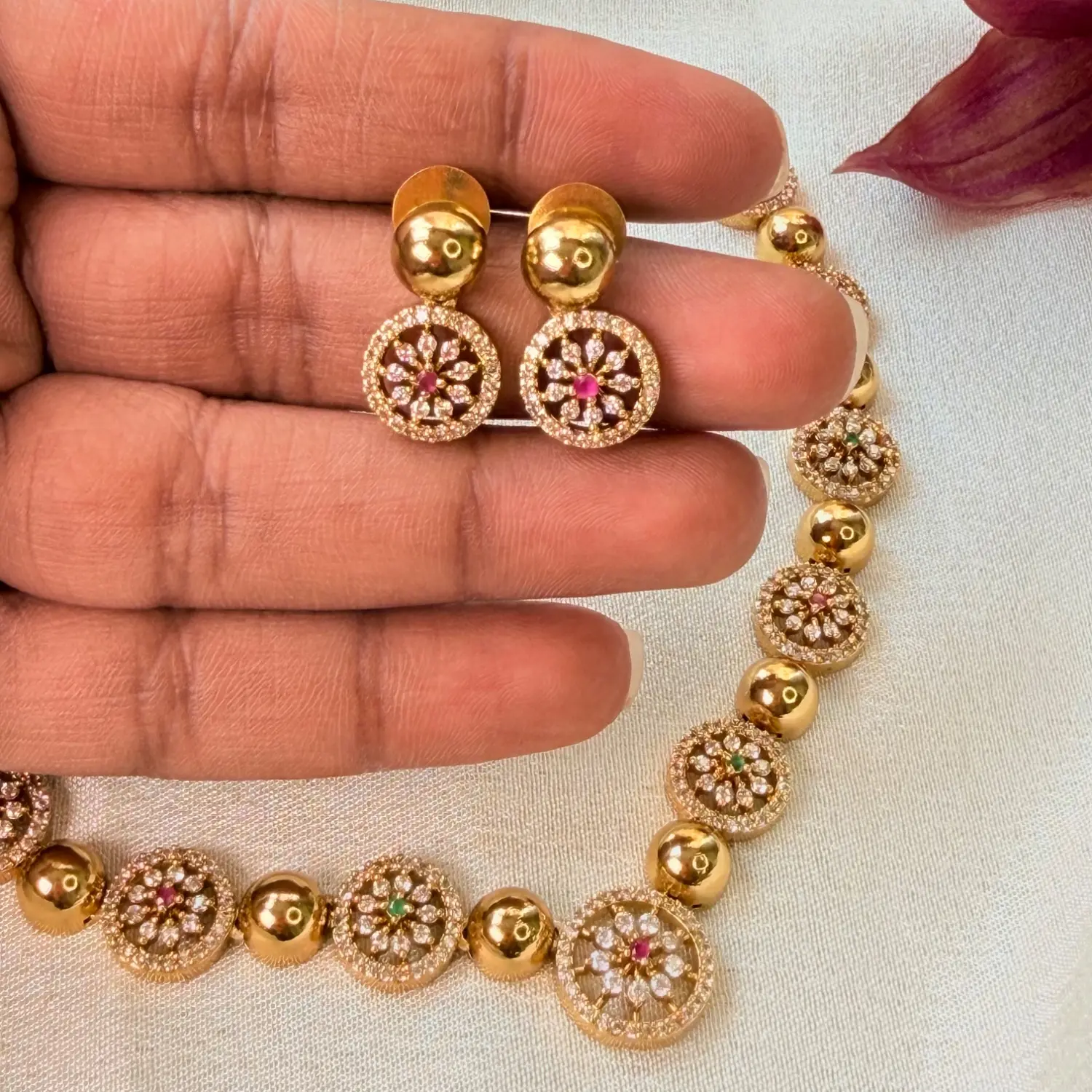 American Diamond Floral Cluster Antique Gold Necklace Set