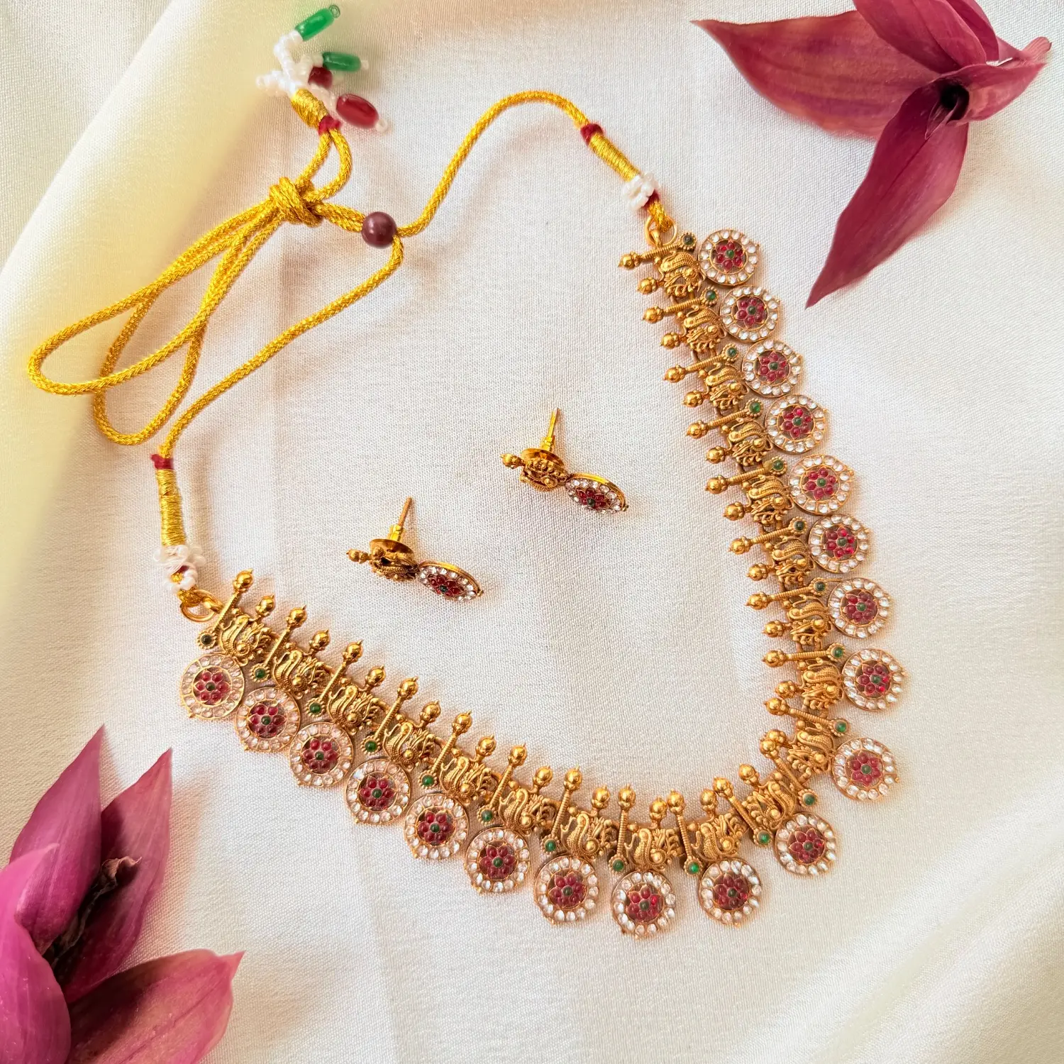 Traditional Peacock and Floral Roundel Antique Gold Necklace Set