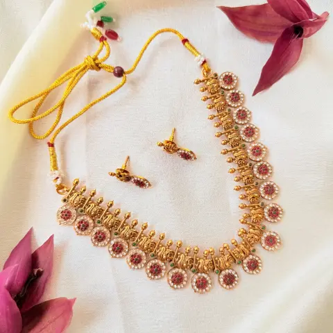 Traditional Peacock and Floral Roundel Antique Gold Necklace Set