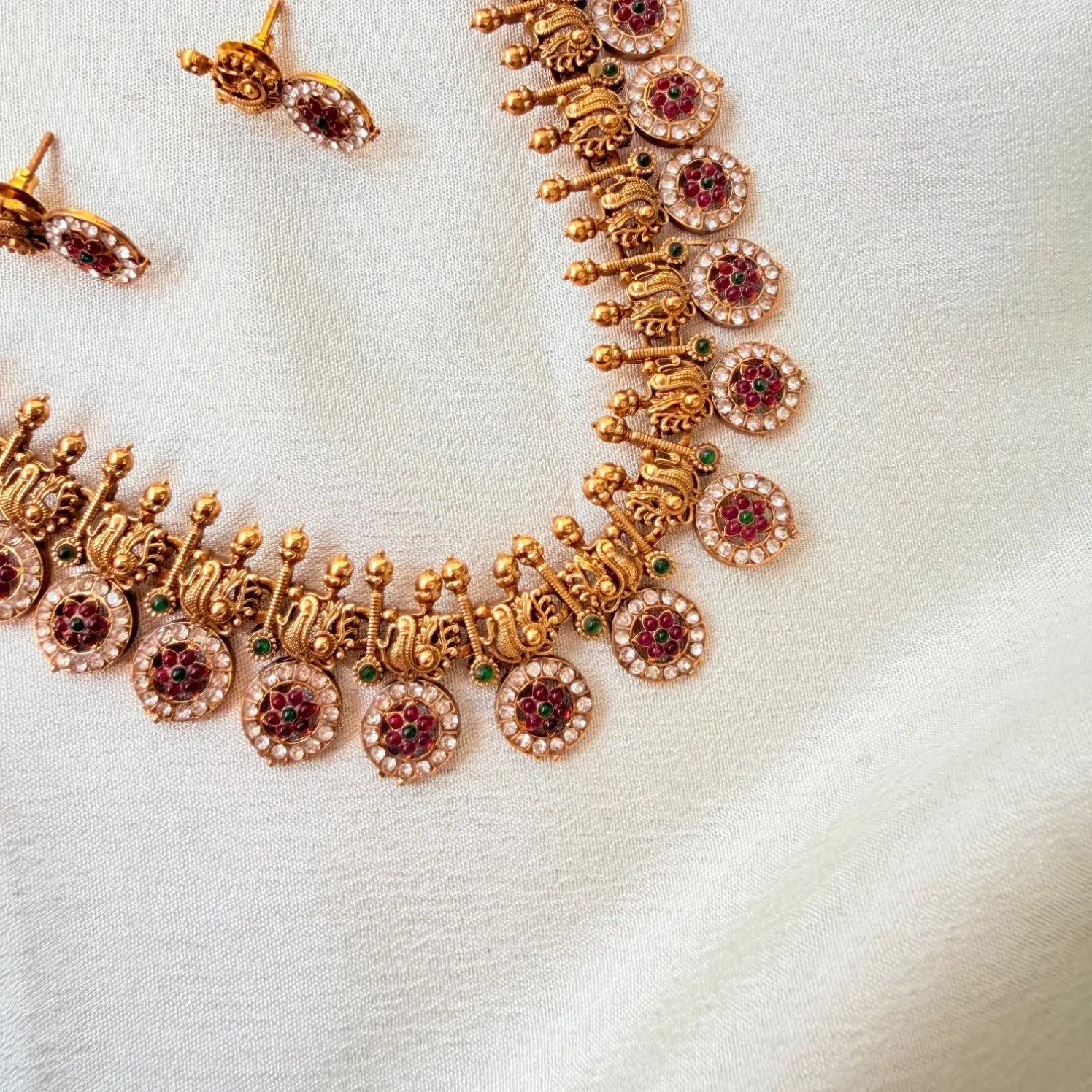 Traditional Peacock and Floral Roundel Antique Gold Necklace Set