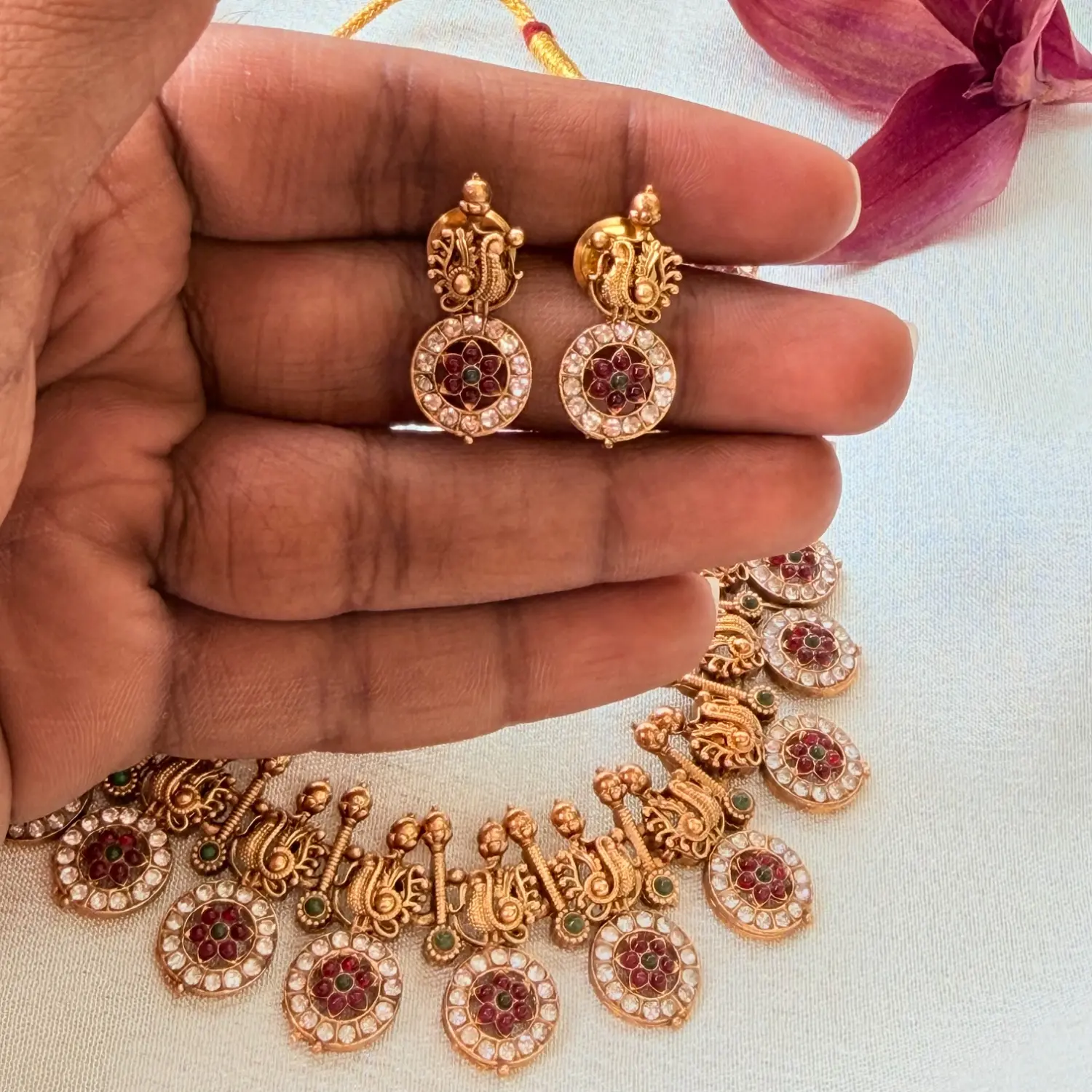 Traditional Peacock and Floral Roundel Antique Gold Necklace Set