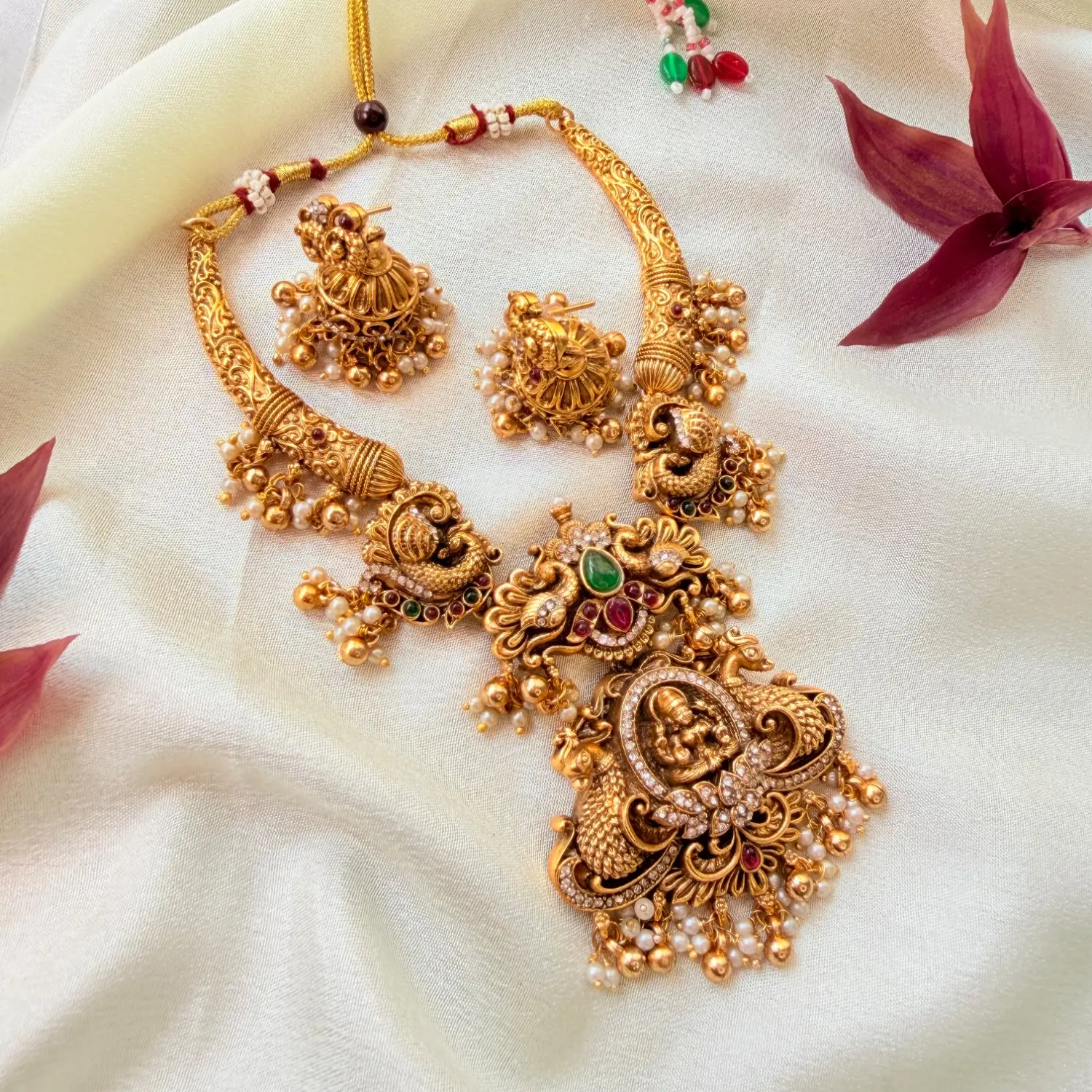 Goddess Lakshmi Peacock Antique Temple Necklace Set