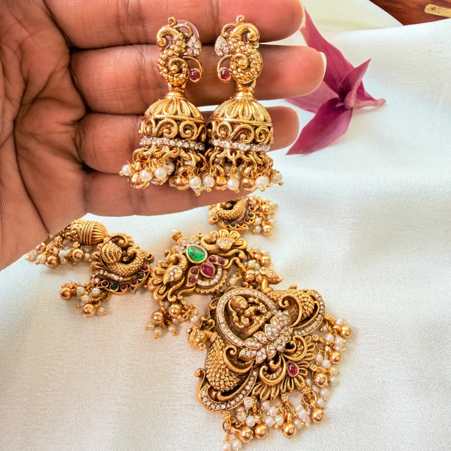 Goddess Lakshmi Peacock Antique Temple Necklace Set