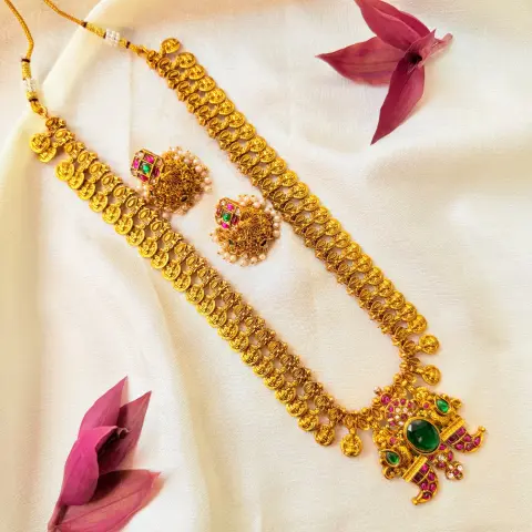 Traditional Antique Gold Plated Long Haram Necklace Set