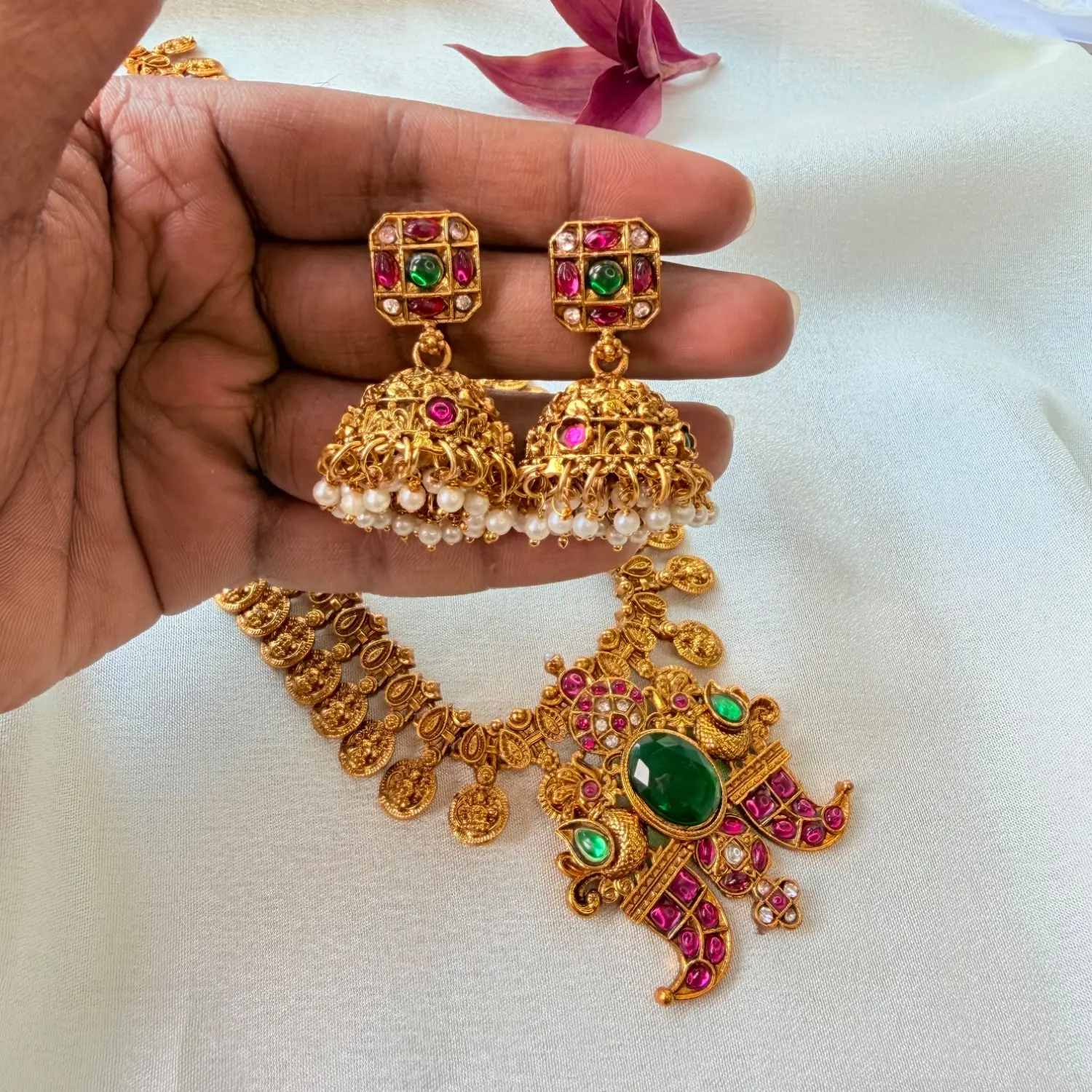 Traditional Antique Gold Plated Long Haram Necklace Set