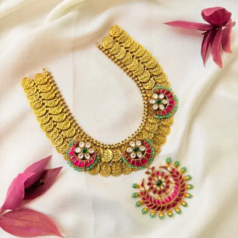 Multi-Layered Kasu and Pink CZ Floral Statement Necklace Set