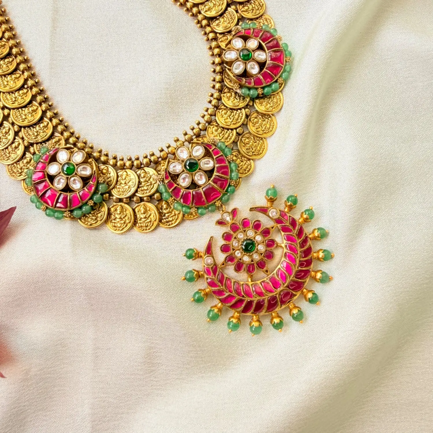 Multi-Layered Kasu and Pink CZ Floral Statement Necklace Set