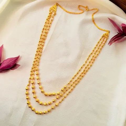 Traditional Multi-Layered Beaded Gold Long Chain Necklace