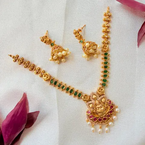 Goddess Lakshmi Emerald & Ruby Stone Medium Necklace Set
