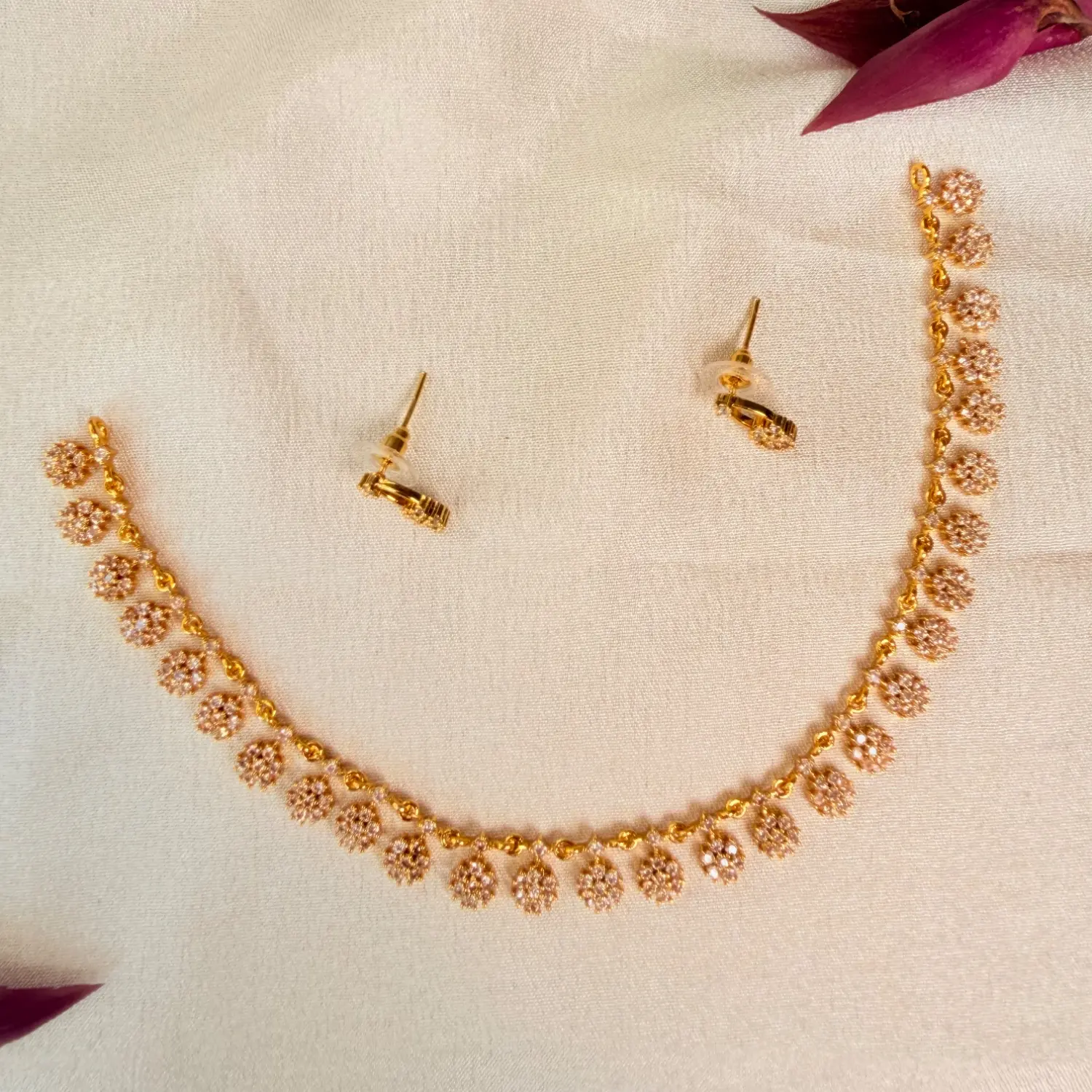 Dainty Floral CZ Stone Choker Necklace Set SJAD035