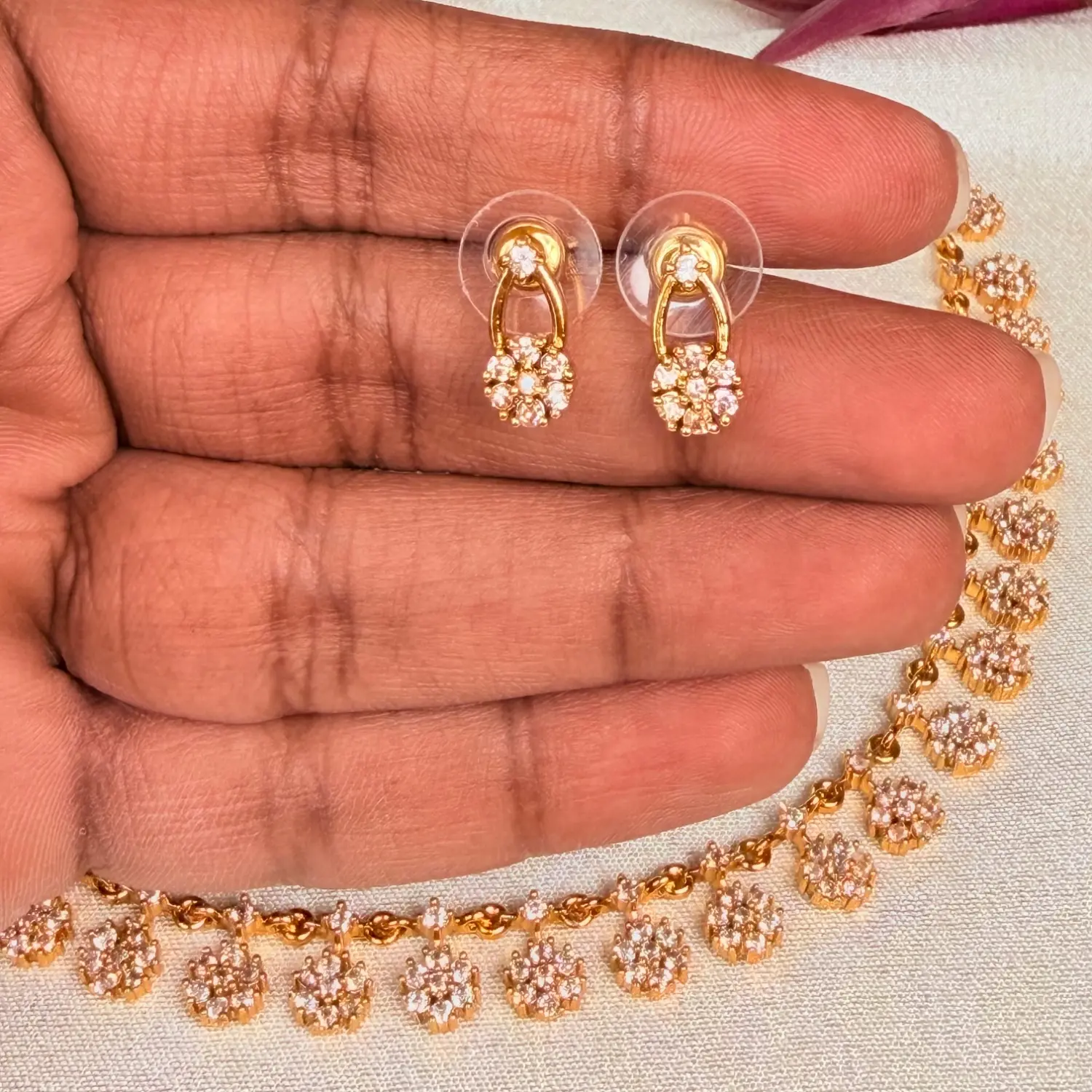 Dainty Floral CZ Stone Choker Necklace Set SJAD035
