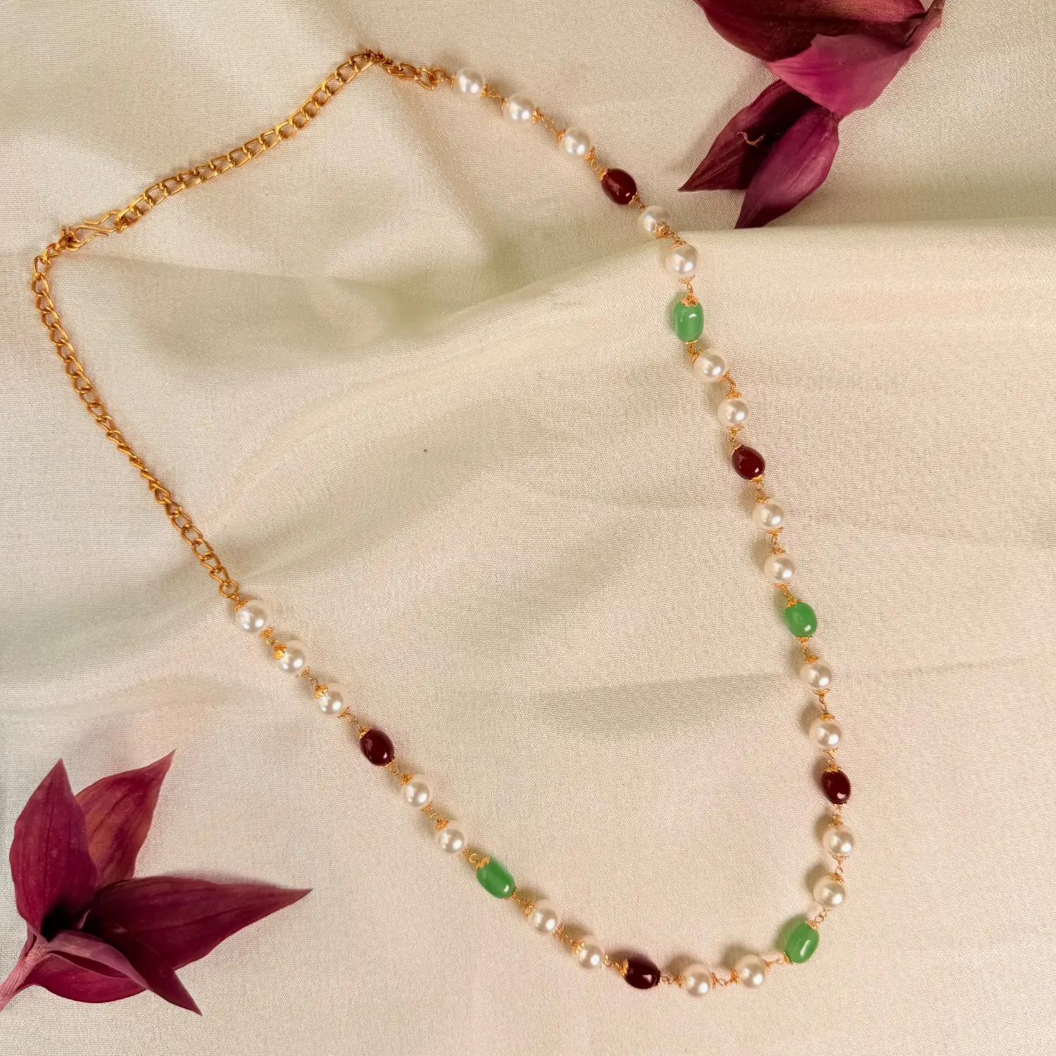 Pearl & Gemstone Beaded Long Chain Necklace SJMH031
