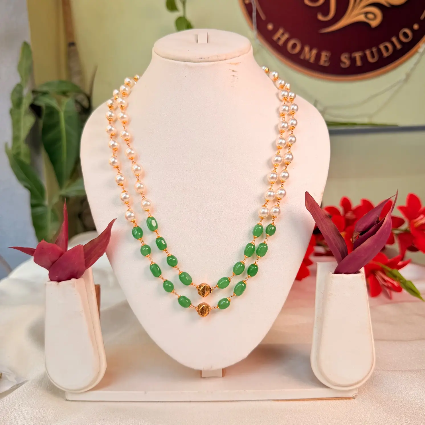 Two-Layer Pearl and Green Stone Beaded Necklace SJMH034
