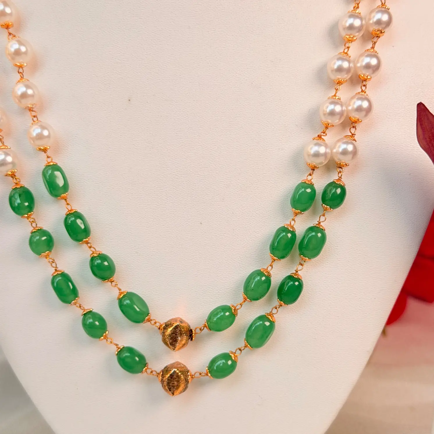 Two-Layer Pearl and Green Stone Beaded Necklace SJMH034