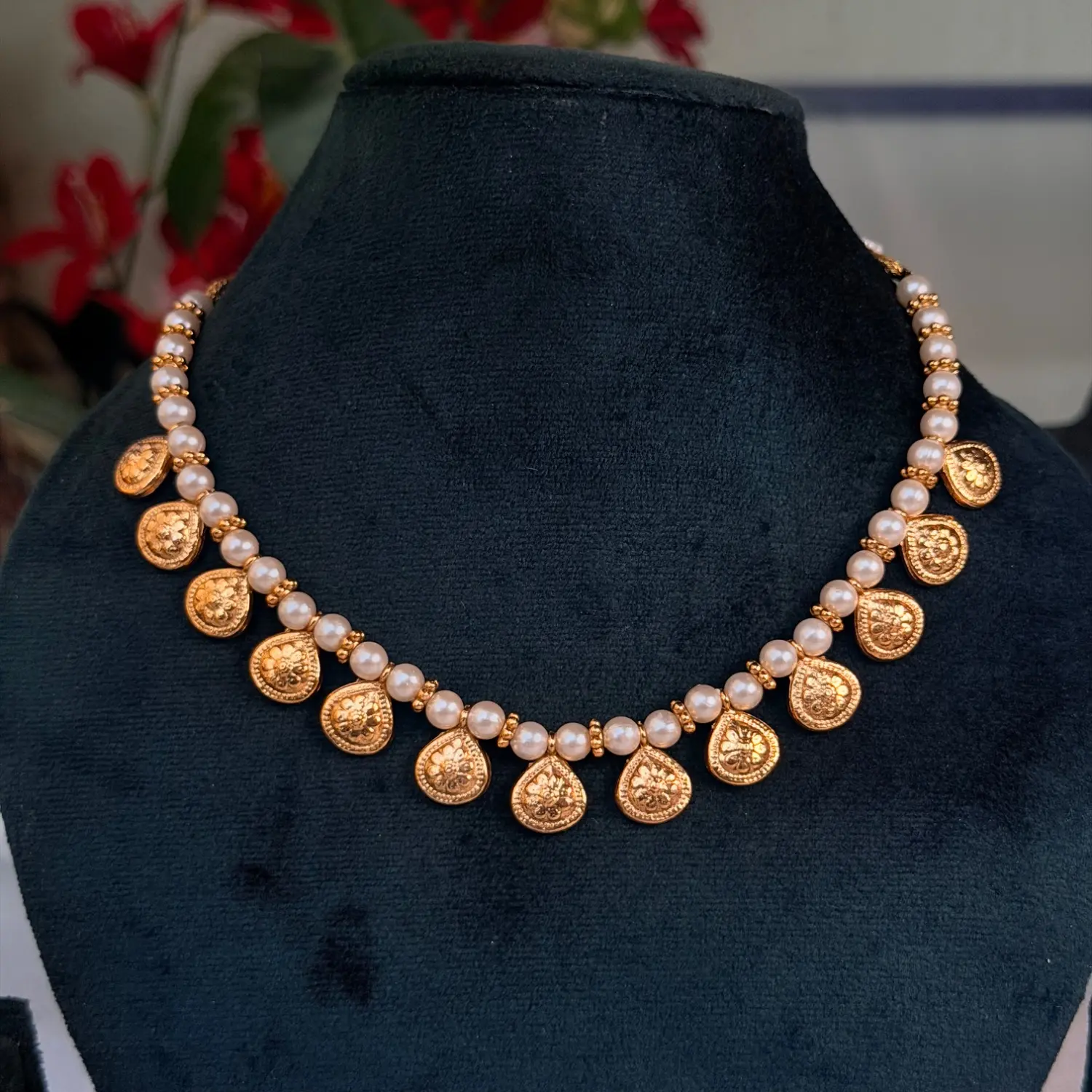 Pearl Beaded Drop Coin Motifs Necklace SJSN056