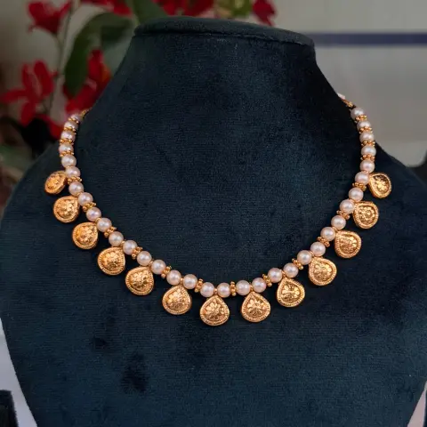 Pearl Beaded Drop Coin Motifs Necklace SJSN056