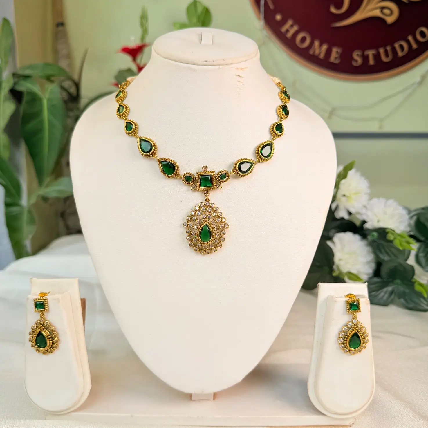Emerald Stone and CZ Accent Pendant Necklace Set SJAD037