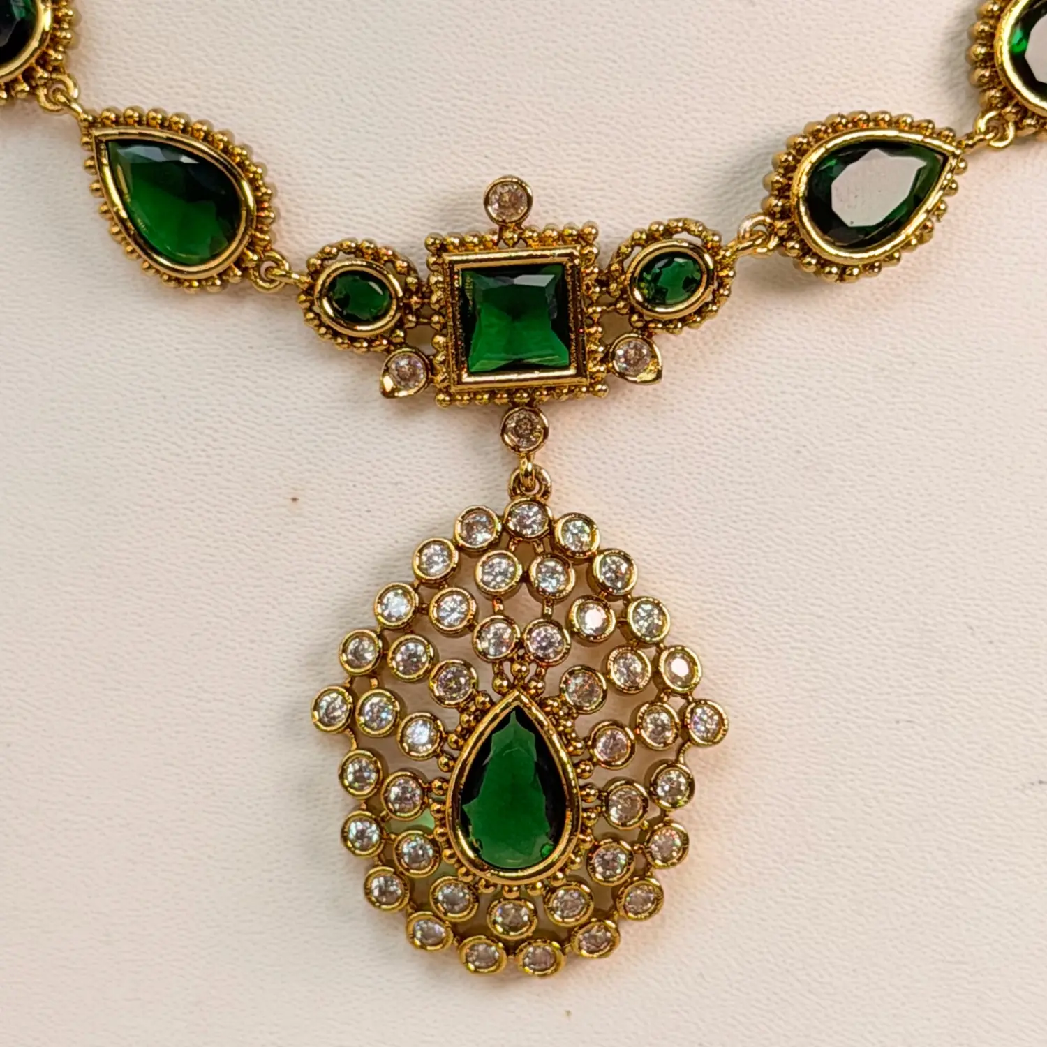 Emerald Stone and CZ Accent Pendant Necklace Set SJAD037