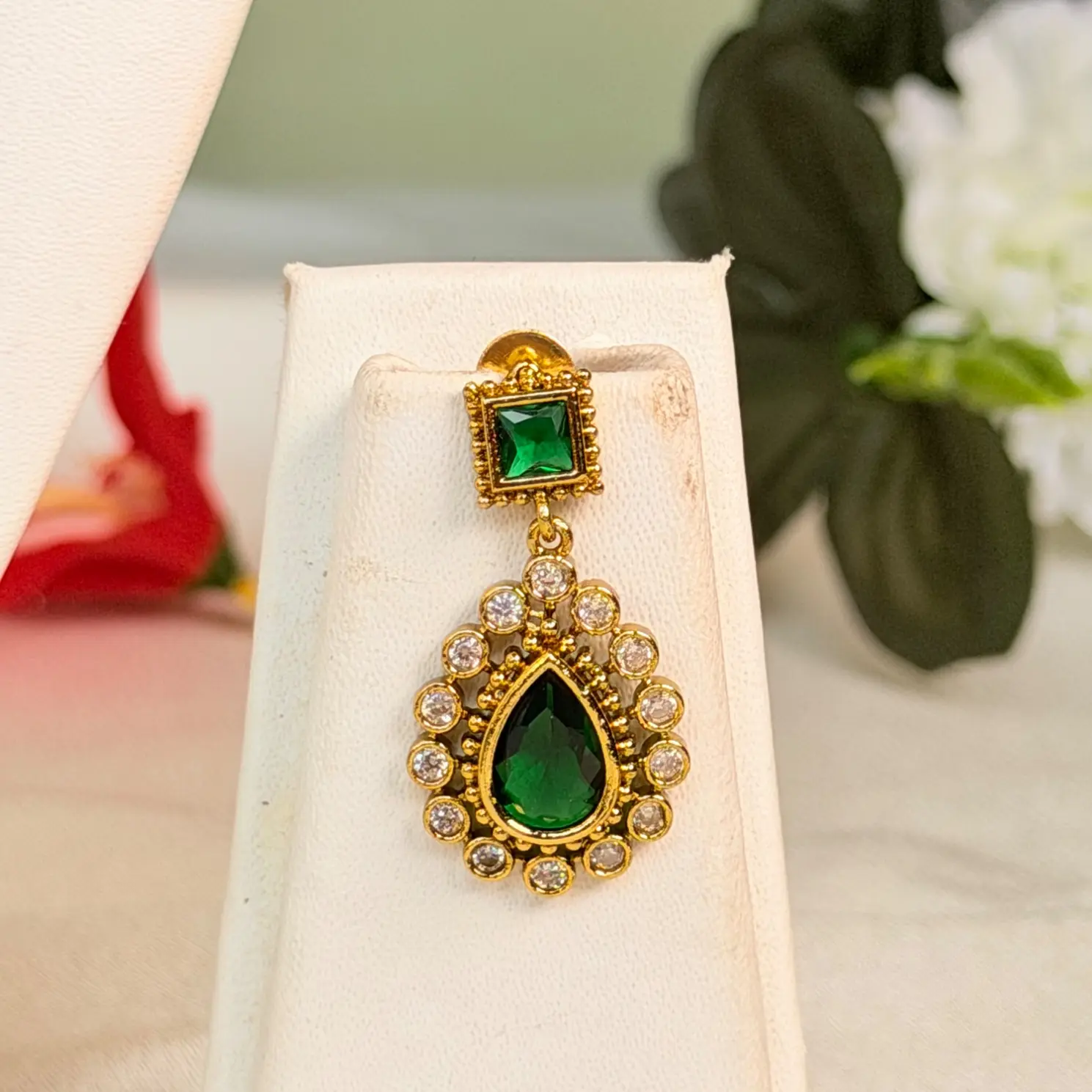 Emerald Stone and CZ Accent Pendant Necklace Set SJAD037