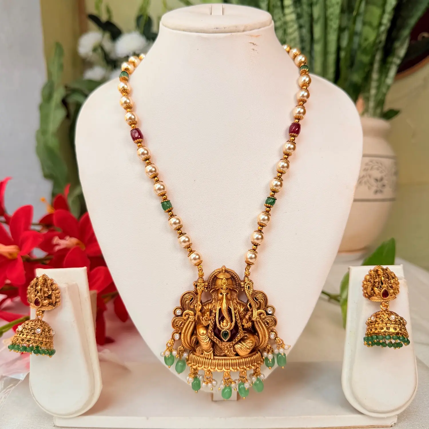 Ganesha Antique Temple Pendant Haram Set with Jhumkas SJMH037