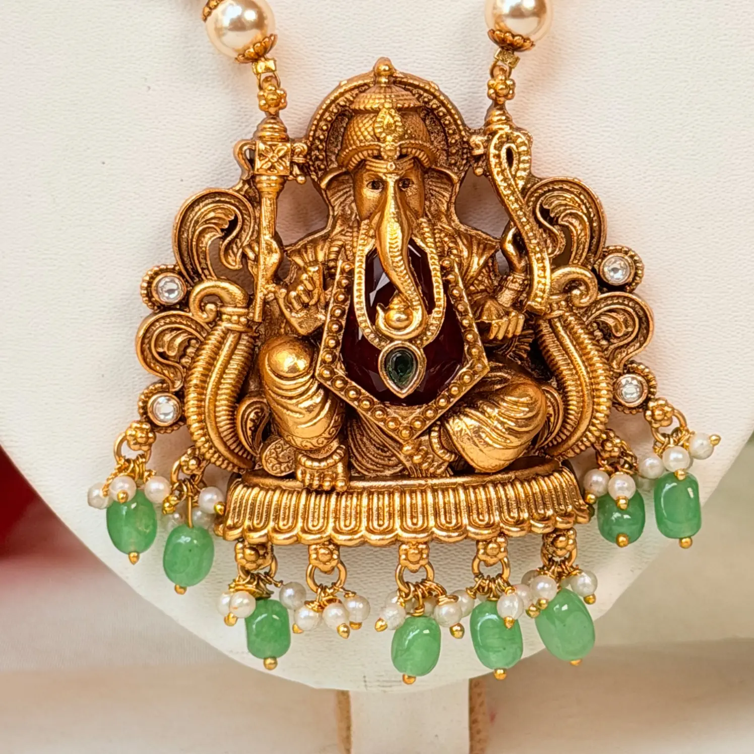 Ganesha Antique Temple Pendant Haram Set with Jhumkas SJMH037