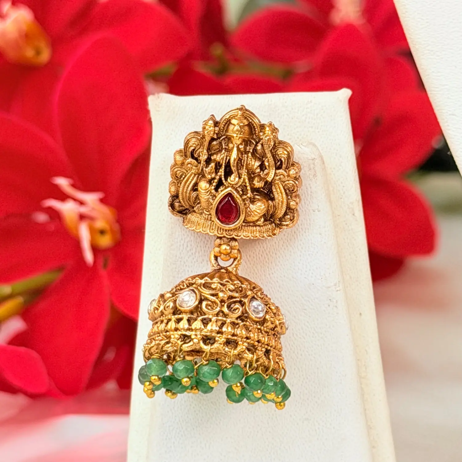 Ganesha Antique Temple Pendant Haram Set with Jhumkas SJMH037