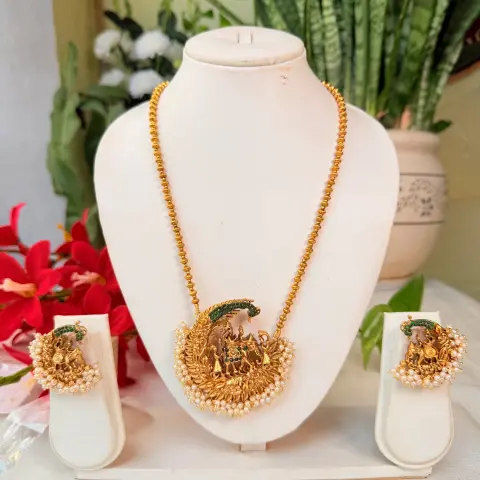 Peacock Motif Antique Temple Pendant Haram Set with Earrings SJMH036