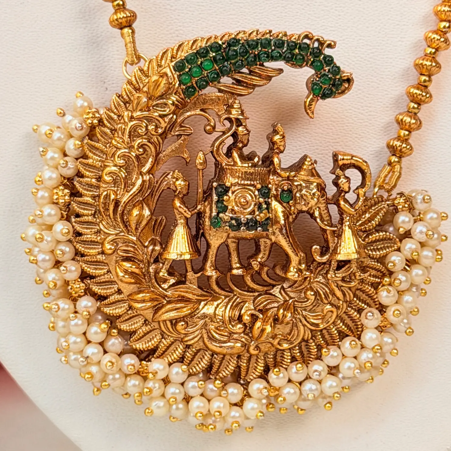 Peacock Motif Antique Temple Pendant Haram Set with Earrings SJMH036