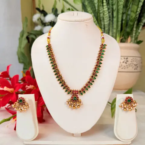 Ruby and Emerald Stone Beaded Long Necklace Set SJSN059
