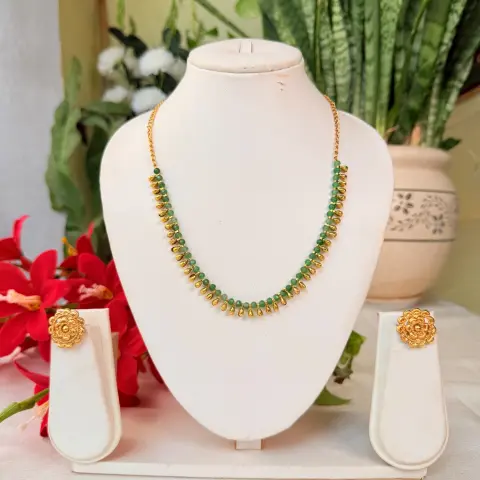 Green Beaded Drop Design Necklace Set with Studs SJSN057