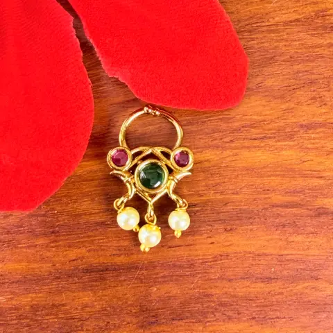 Traditional Temple Nath with Green and Ruby Stones and Pearl Drops