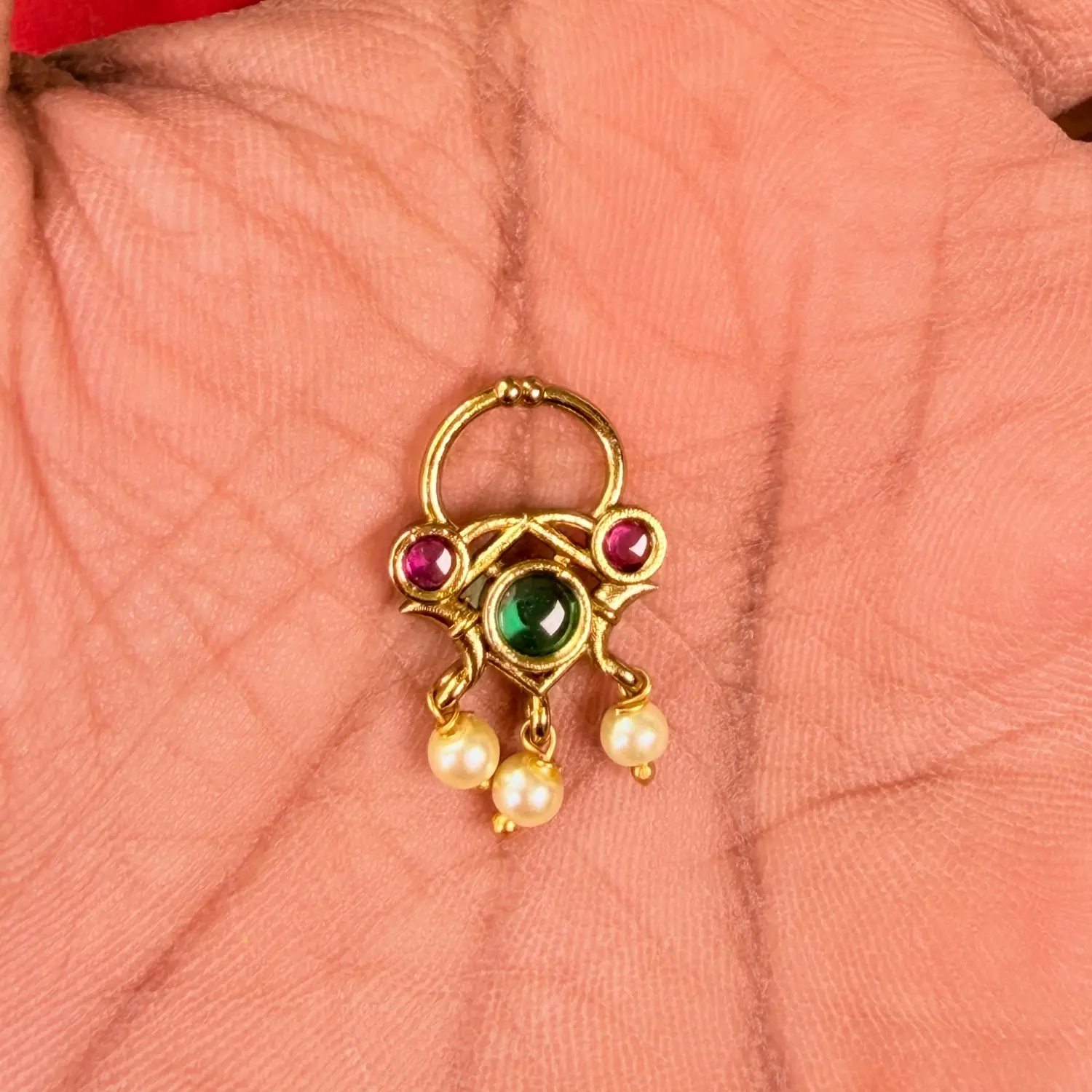 Traditional Temple Nath with Green and Ruby Stones and Pearl Drops