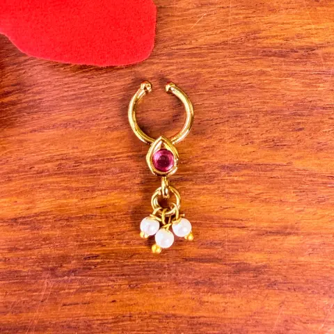 Ruby Stone and Pearl Drop Temple Nose Ring / Clicker